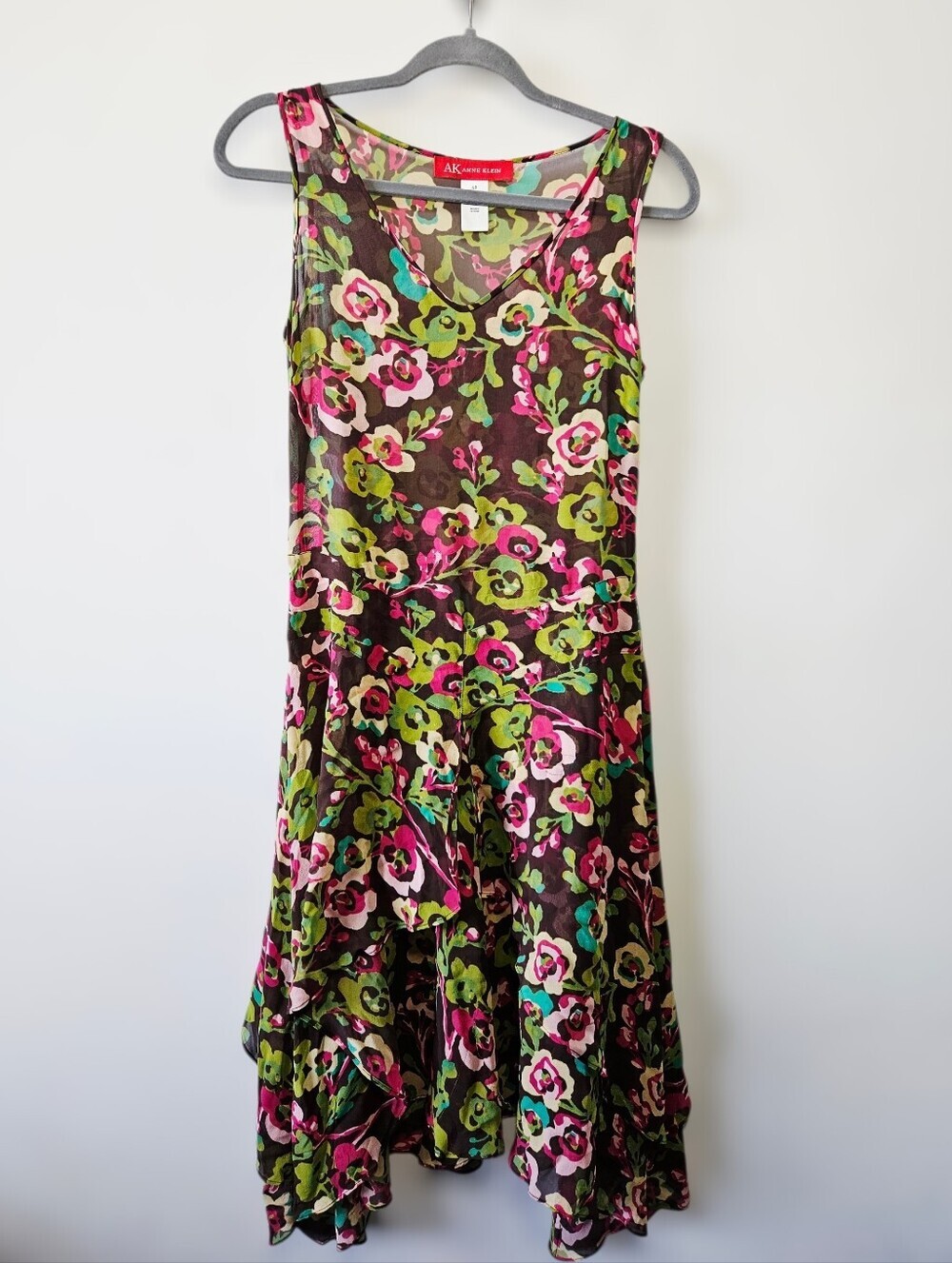 Anne Klein 100% Silk Floral Midi Dress Size 4 Petite Hankerchief Hem